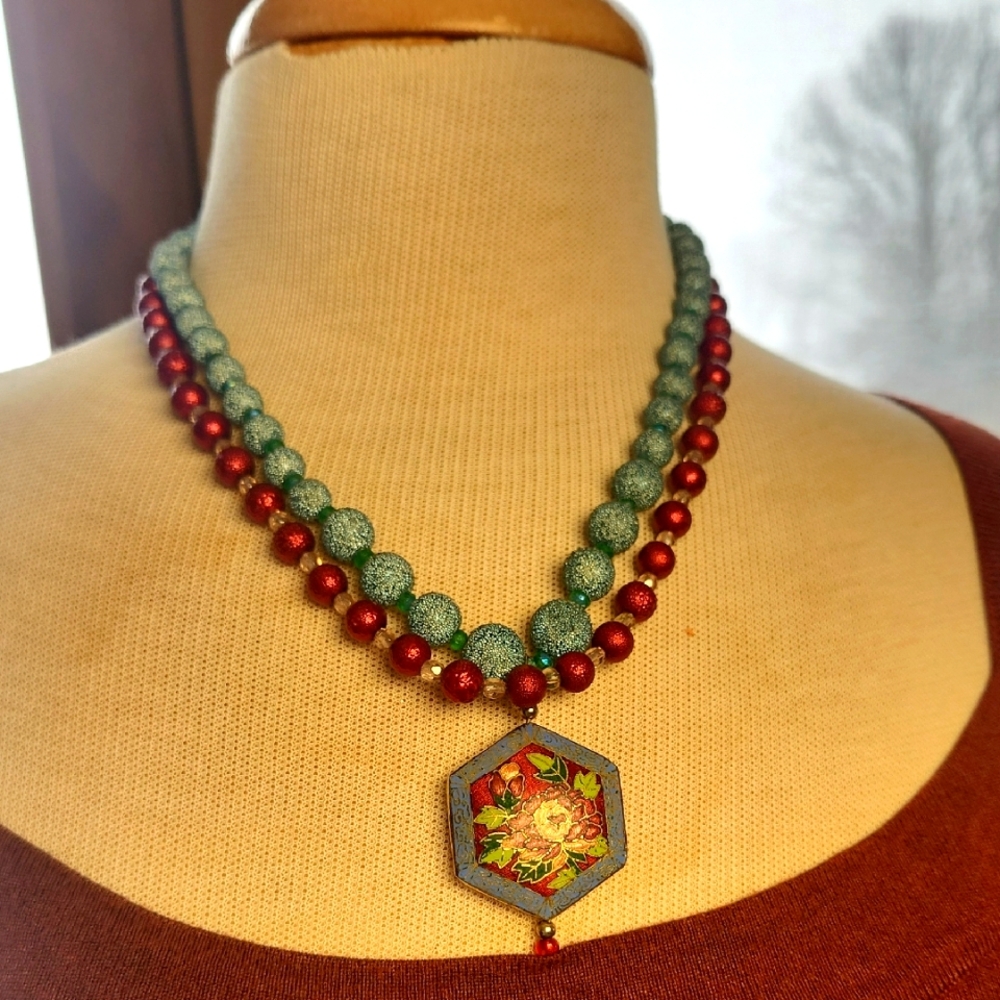 Artisan design burgundy and blue vintage bead Necklace